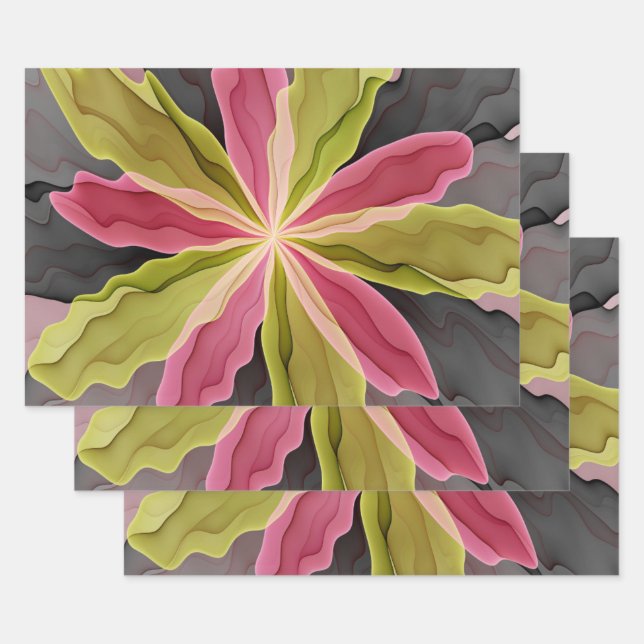 Pink Green Anthracite Fantasy Flower Fractal Art Wrapping Paper Sheet (Set)