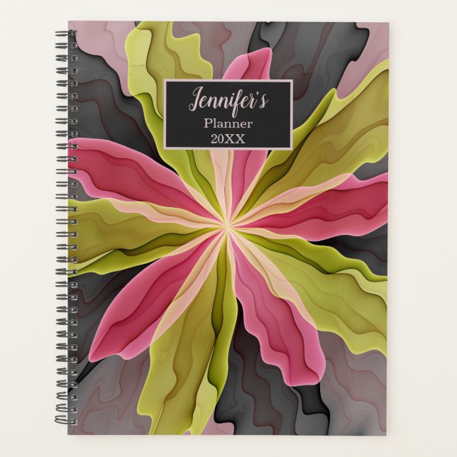 Pink Green Anthracite Fantasy Flower Fractal Name Planner (Front)