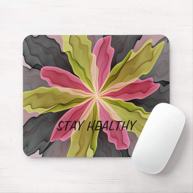 Pink Green Anthracite Fantasy Flower Fractal Text Mouse Mat (With Mouse)