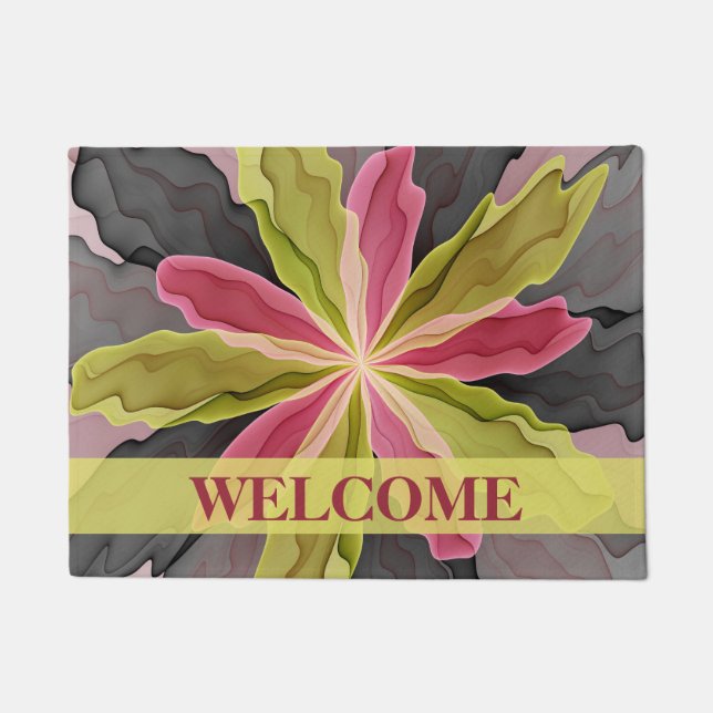 Pink Green Anthracite Flower Fractal Welcome Doormat (Front)