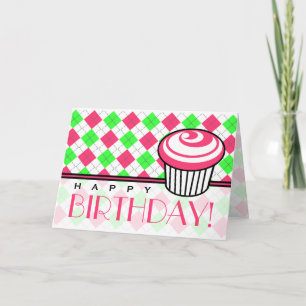 Pink & Green Argyle Birthday Card - Pink Cupcake