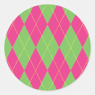 Pink & Green Argyle Classic Round Sticker