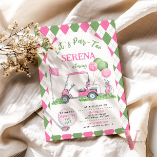 Pink Green Argyle Golf Birthday Par-Tee Invitation
