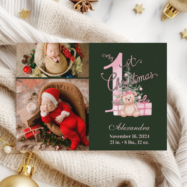 Pink Green Baby First Christmas 2 Photo   Holiday Card (Creator Uploaded)