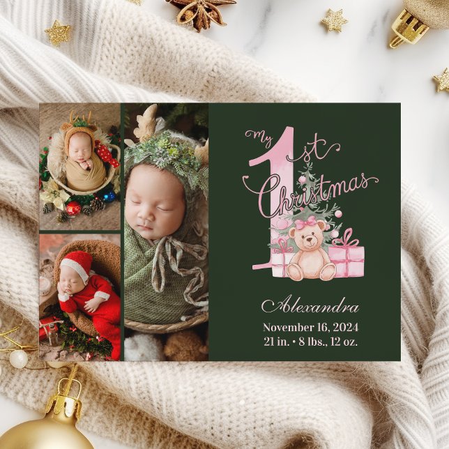 Pink Green Baby First Christmas 3 Photo   Holiday Card (Creator Uploaded)