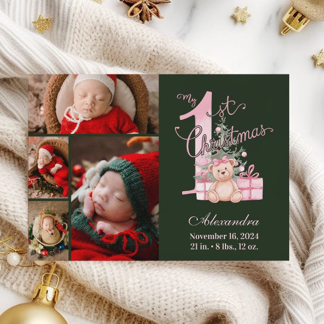 Pink Green Baby First Christmas 4 Photo   Holiday Card (Creator Uploaded)