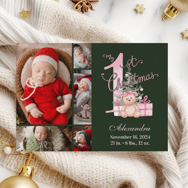Pink Green Baby First Christmas 5 Photo   Holiday Card (Creator Uploaded)