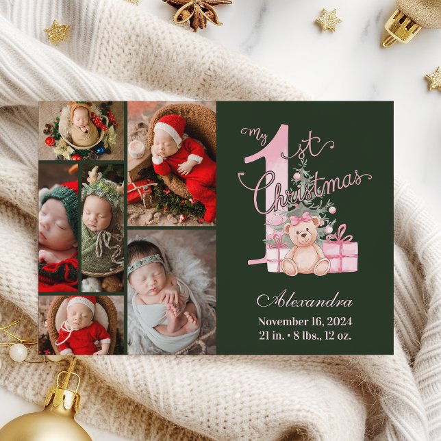 Pink Green Baby First Christmas 6 Photo   Holiday Card (Creator Uploaded)