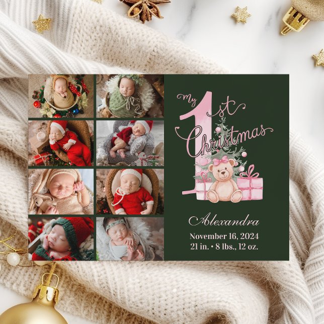 Pink Green Baby First Christmas 8 Photo   Holiday Card (Creator Uploaded)