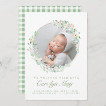 Pink Green Baby Photo Birth Announcement Cards