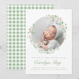 Pink Green Baby Photo Birth Announcement Cards
