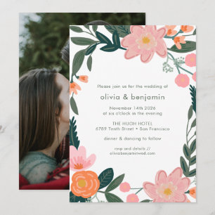 Pink Green Backyard Garden Floral Photo Wedding Invitation