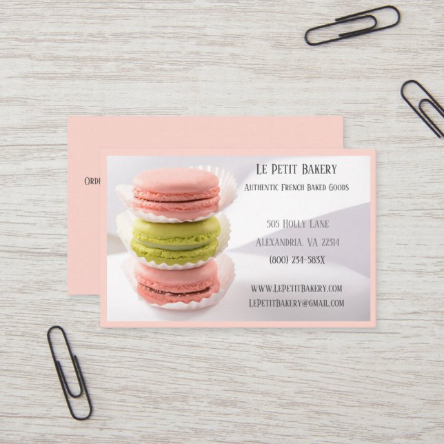 Pink Green  Bakery Baker Pastry Chef Pink Macarons Business Card (Front/Back In Situ)