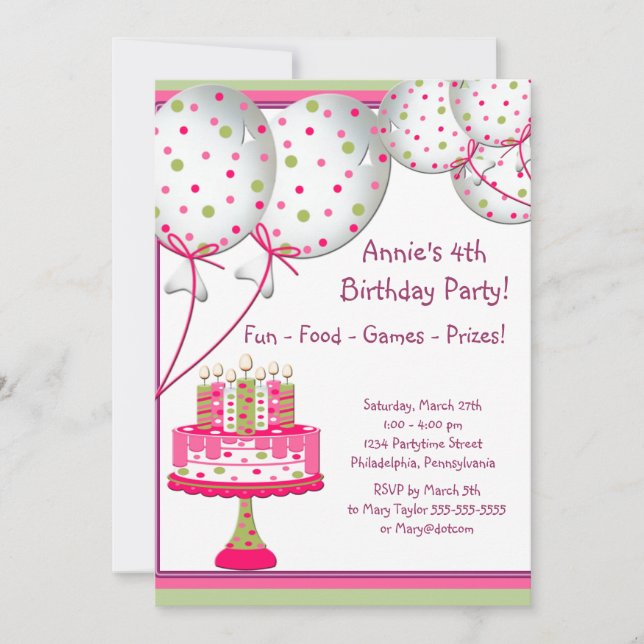Pink Green Balloons Cake Girls 4th Birthday Party Invitation (Front)