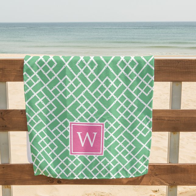 Pink & Green Bamboo Lattice Pattern Monogram Beach Towel (Creator Uploaded)