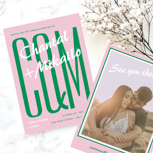 Pink Green Big Monogram Creative Bold Fun Wedding Invitation