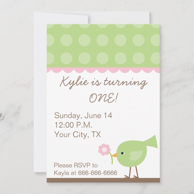 Pink + Green Birdie Party Invitation (Front)