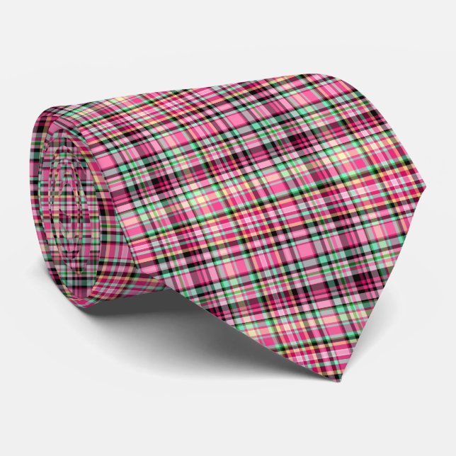 Pink Green Black and White Plaid Lady Slipper Tie (Rolled)