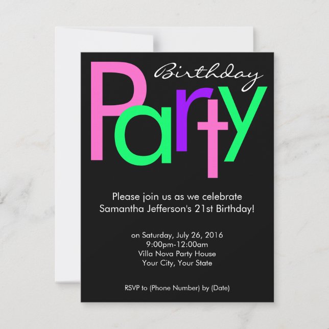 Pink, Green, Black Block Birthday Party Invitation (Front)