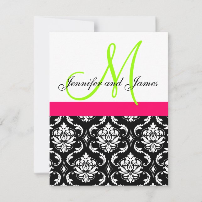 Pink, Green, Black Damask Wedding Invitation (Front)