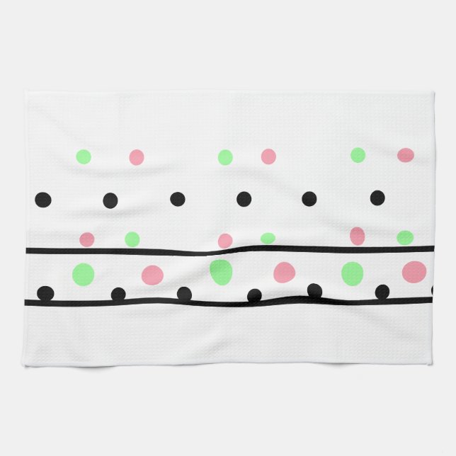Pink Green Black Polka Dots Tea Towel (Horizontal)