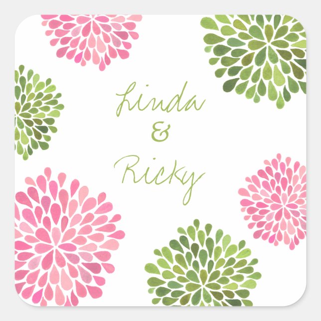 Pink & Green Bloom Burst Wedding Sticker Seal (Front)