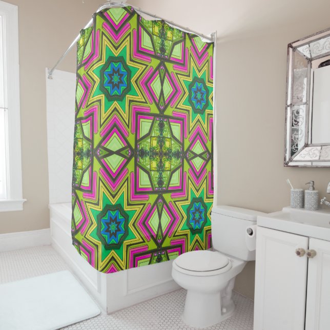 Pink Green Blue Abstract Shower Curtain (In Situ)