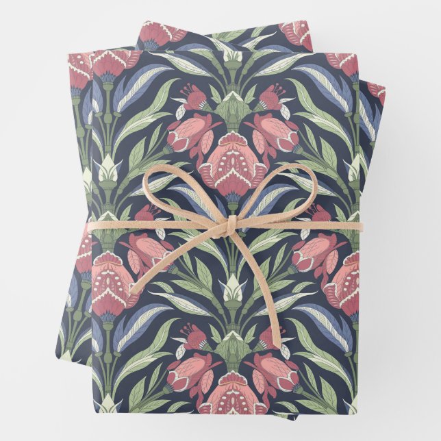 Pink Green Blue Art Nouveau Floral Cream Green Wrapping Paper Sheet (In situ)