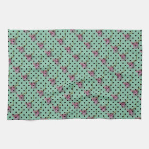 Pink green blue flowers and black polka dots tea towel