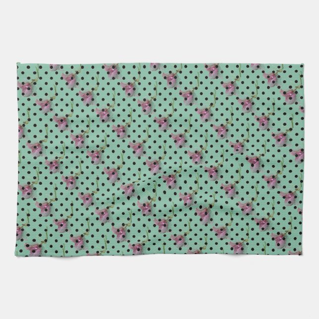 Pink green blue flowers and black polka dots tea towel (Horizontal)