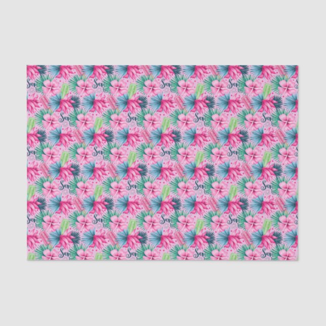  Pink Green Blue Flowers Floral Bright Tropical  Tissue Paper (Front)