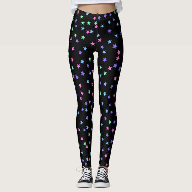 Pink Green Blue Purple Stars Pattern Leggings (Front)