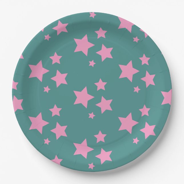 Pink Green Blue Teal Stars Kids Baby Circus Party Paper Plate (Front)