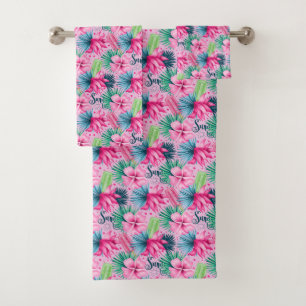 Pink Green Blue Tropical Summer Floral Flowers  Bath Towel Set
