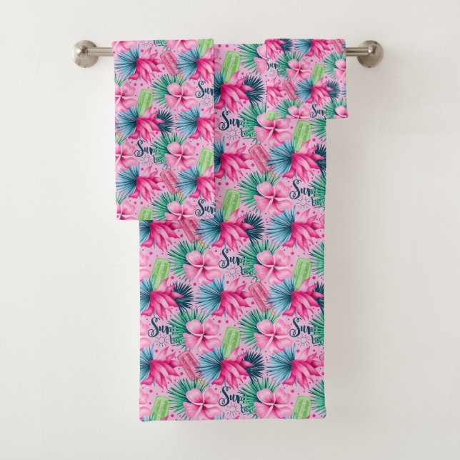 Pink Green Blue Tropical Summer Floral Flowers  Bath Towel Set (Insitu)