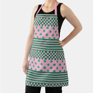 Pink Green Boho Check Floral Stripes Pattern Apron