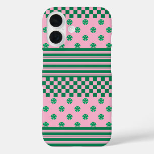 Pink Green Boho Check Floral Stripes Pattern iPhone 16 Case