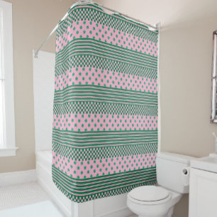 Pink Green Boho Check Floral Stripes Pattern Shower Curtain