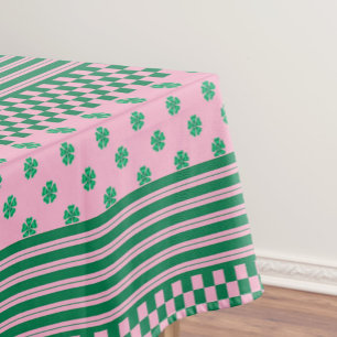 Pink Green Boho Check Floral Stripes Pattern Tablecloth