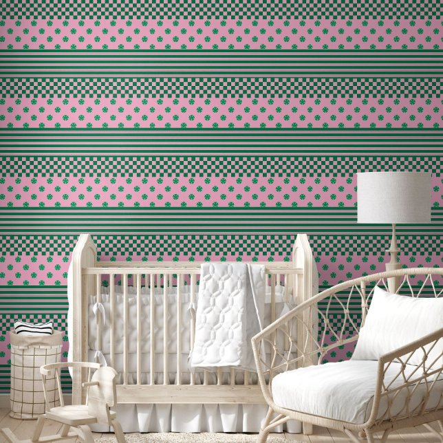Pink Green Boho Check Floral Stripes Pattern Wallpaper (Creator Uploaded)
