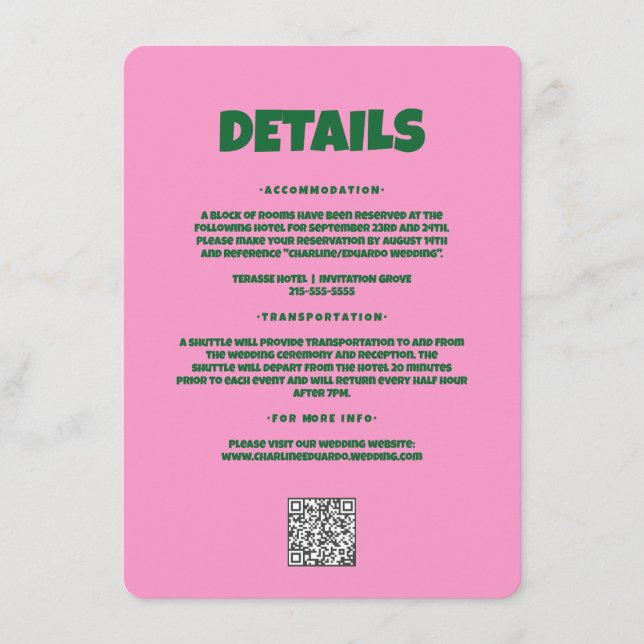 Pink Green Bold Funky Groovy Wedding Detail Enclosure Card (Front)