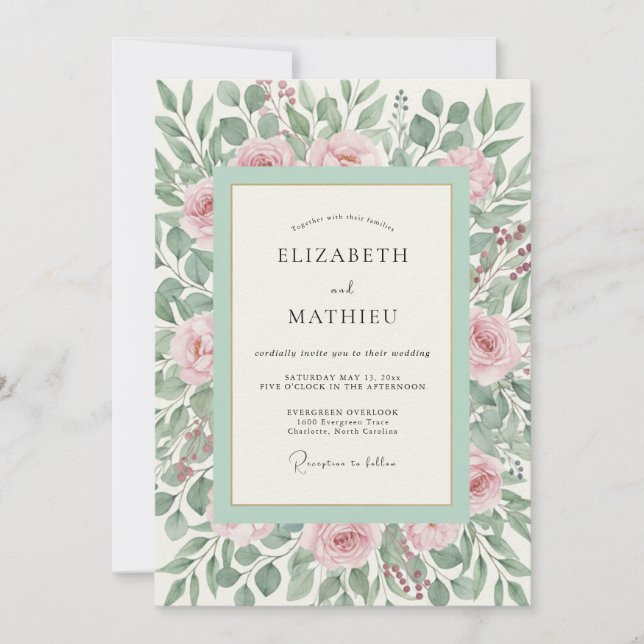 Pink Green Botanical Romance Wedding Invitation (Front)