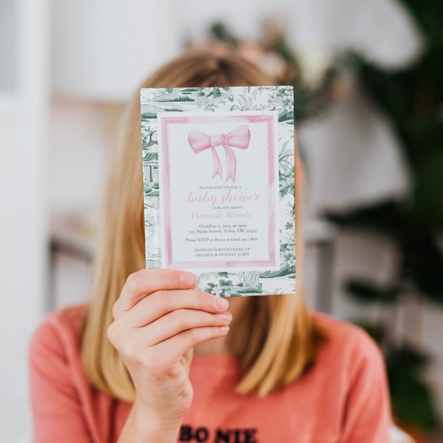 Pink & Green Bow Chinoiserie Monogram Baby Shower Invitation (Creator Uploaded)