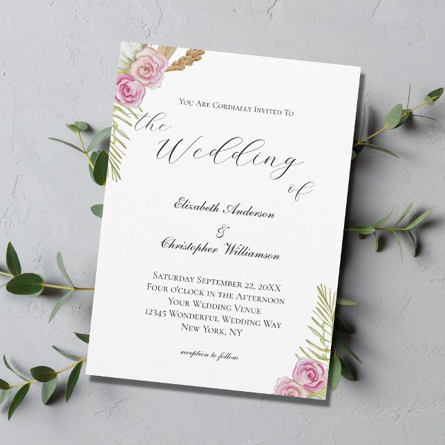 Pink Green Brown Floral Boho Watercolor Wedding Invitation (Creator Uploaded)