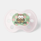 Pink/Green/Brown Owl, Personalised Girls Pacifier