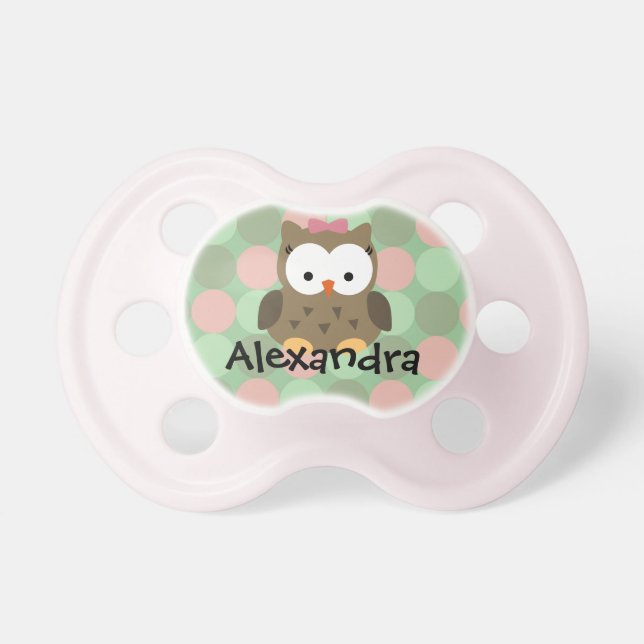 Pink/Green/Brown Owl, Personalised Girls Pacifier (Front)