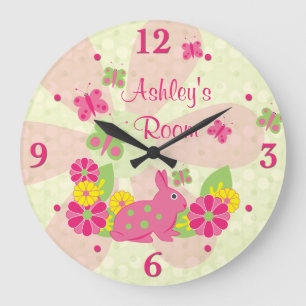 Pink Green Bunny Rabbit Butterflies Flowers Large Clock