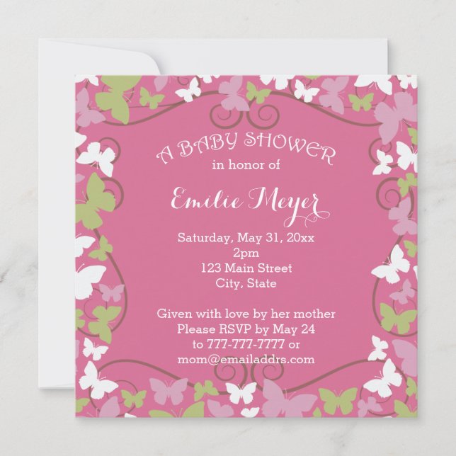 Pink Green Butterflies Baby Shower Invitation (Front)