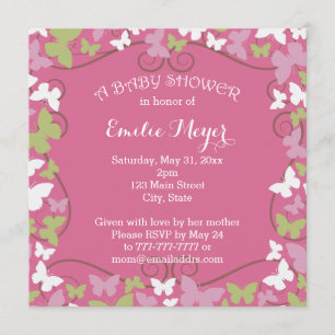 Pink Green Butterflies Baby Shower Invitation