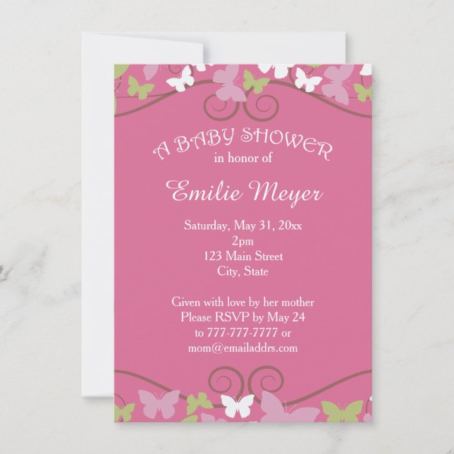 Pink Green Butterflies Baby Shower Invitation (Front)